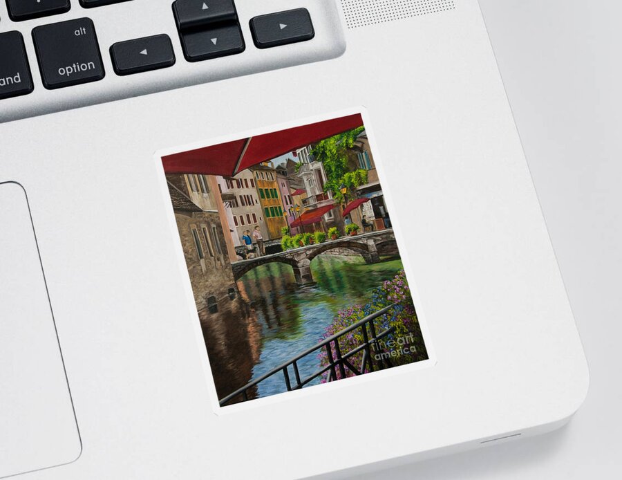 Annecy France Art Sticker featuring the painting Under the Umbrella in Annecy by Charlotte Blanchard