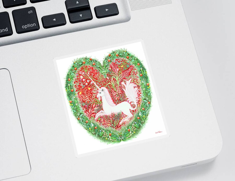 Lise Winne Sticker featuring the painting Unicorn Heart with Millefleurs by Lise Winne