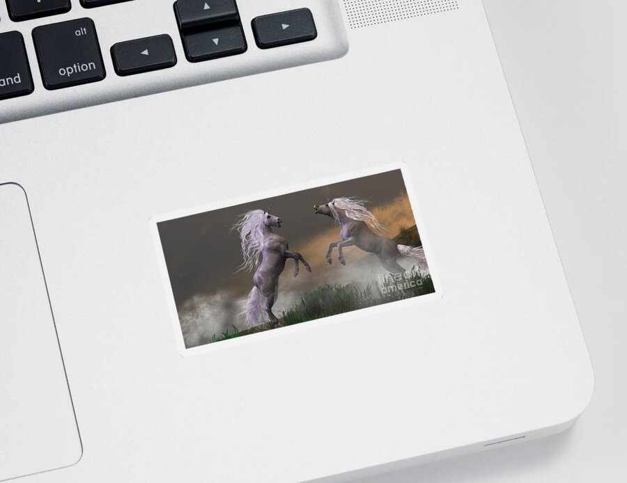 Unicorn Sticker featuring the painting Unicorn Stallions Fighting by Corey Ford