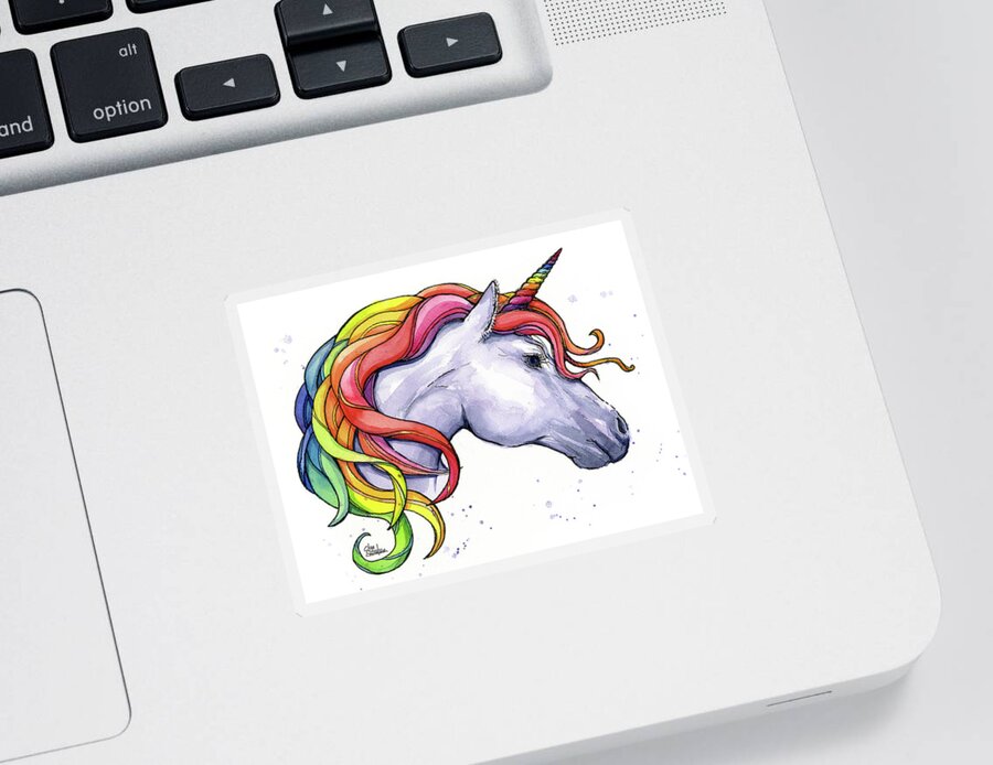 Unicorn Sticker featuring the painting Unicorn With Rainbow Mane by Olga Shvartsur