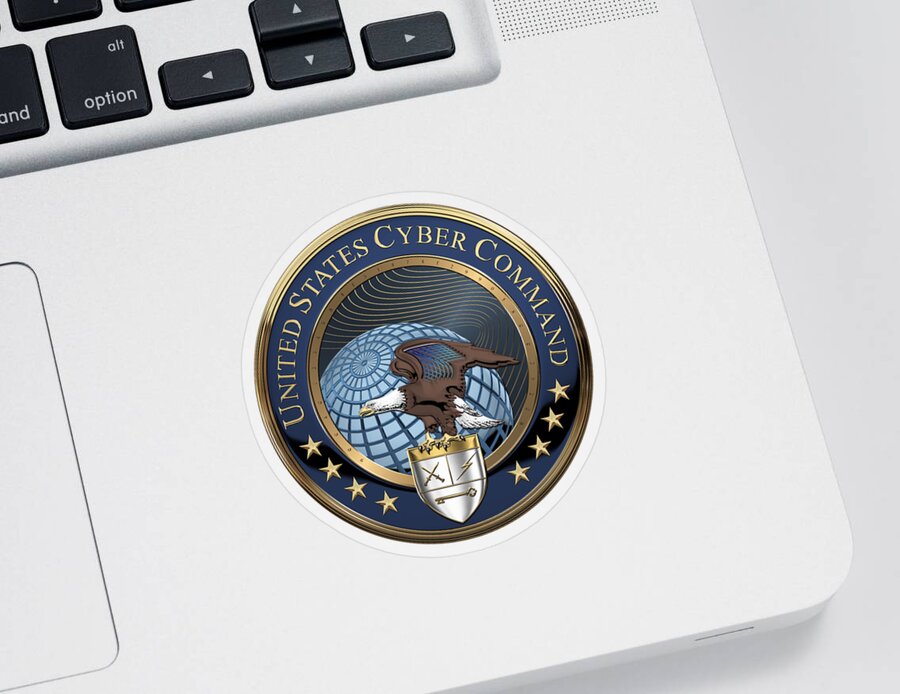 'military Insignia & Heraldry’ Collection By Serge Averbukh Sticker featuring the digital art United States Cyber Command - C Y B E R C O M Emblem over Blue Velvet by Serge Averbukh