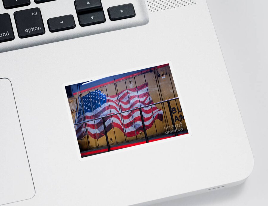 Flag Sticker featuring the photograph US Flag on Side of Freight Engine by Thomas Marchessault