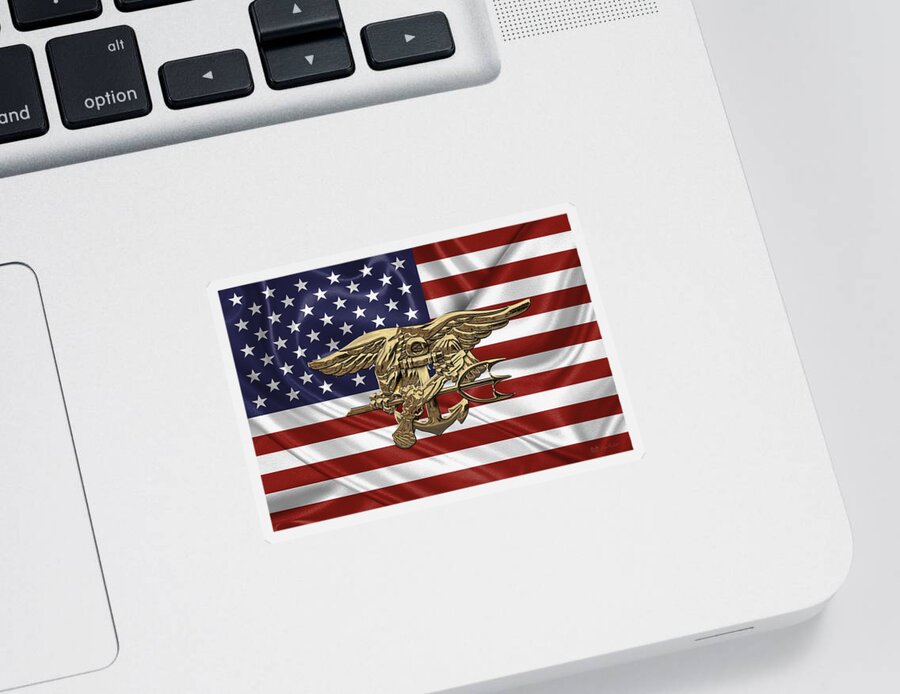 'military Insignia & Heraldry - Nswc' Collection By Serge Averbukh Sticker featuring the digital art U.S. Navy SEALs Trident over U.S. Flag by Serge Averbukh