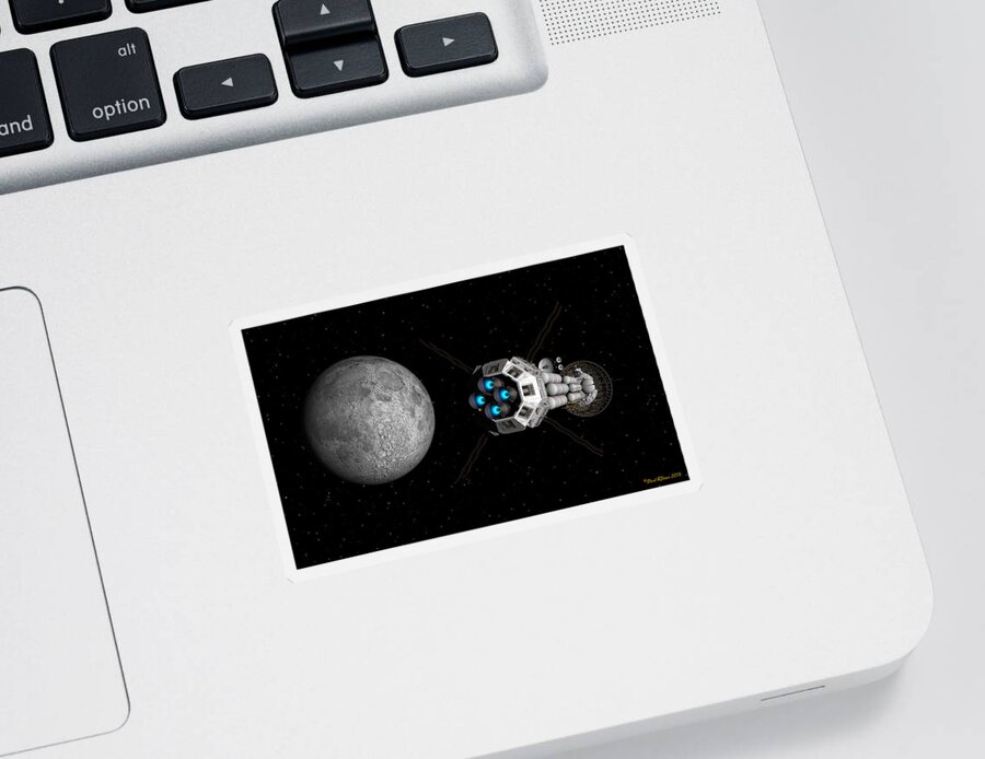 Spaceship Sticker featuring the digital art USS Savannah passing earth's moon by David Robinson