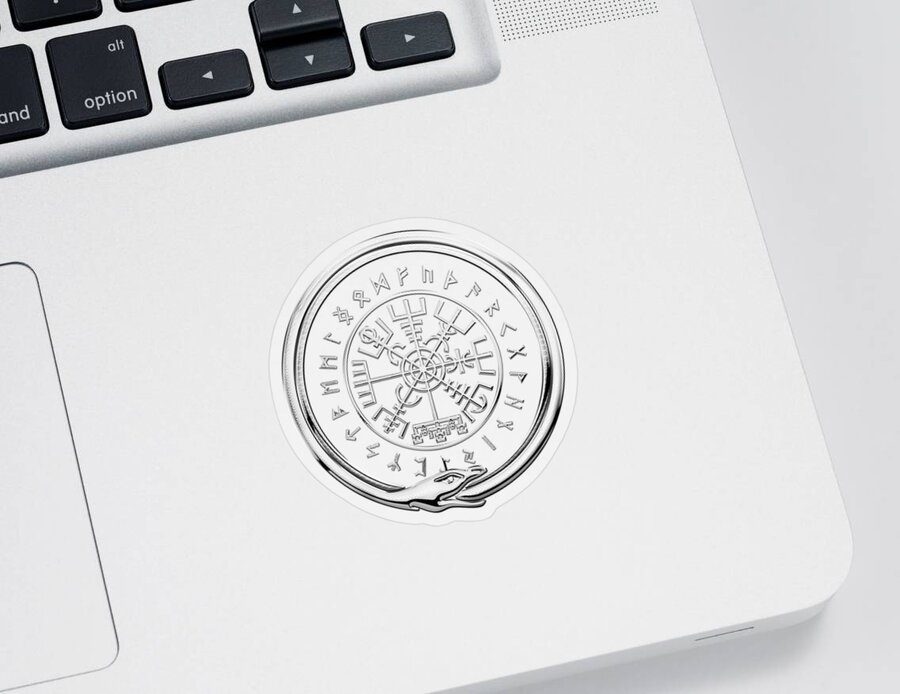 'viking Treasures' By Serge Averbukh Sticker featuring the digital art Vegvisir - A Magic Icelandic Viking Runic Compass - Silver on Red by Serge Averbukh