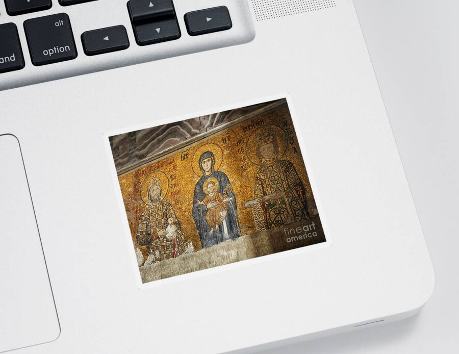 Ancient Sticker featuring the photograph Very old mosaic of the Virgin Mary and infant Jesus by Patricia Hofmeester