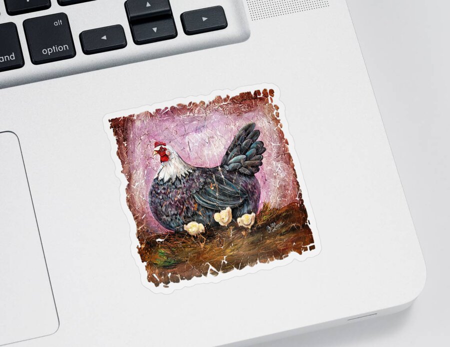  Mosaic Sticker featuring the digital art Vintage Blue Hen with Chicks Fresco by OLena Art by Lena Owens - Vibrant DESIGN