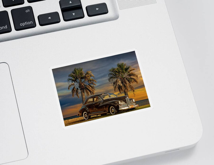 Auto Sticker featuring the photograph Vintage Classic Automobile with Palm Trees at Sunrise by Randall Nyhof