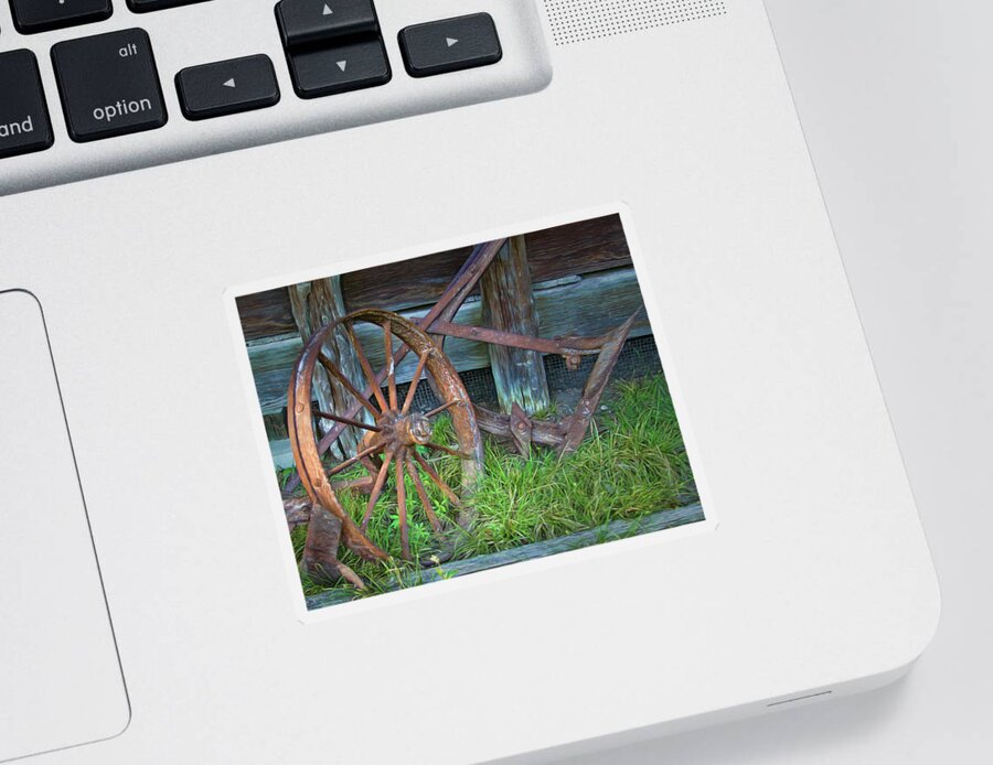 Farm Sticker featuring the photograph Wagon Wheel and Fence by David and Carol Kelly