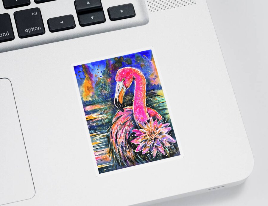 Flamingo Sticker featuring the painting Water Lily and Flamingo by Zaira Dzhaubaeva