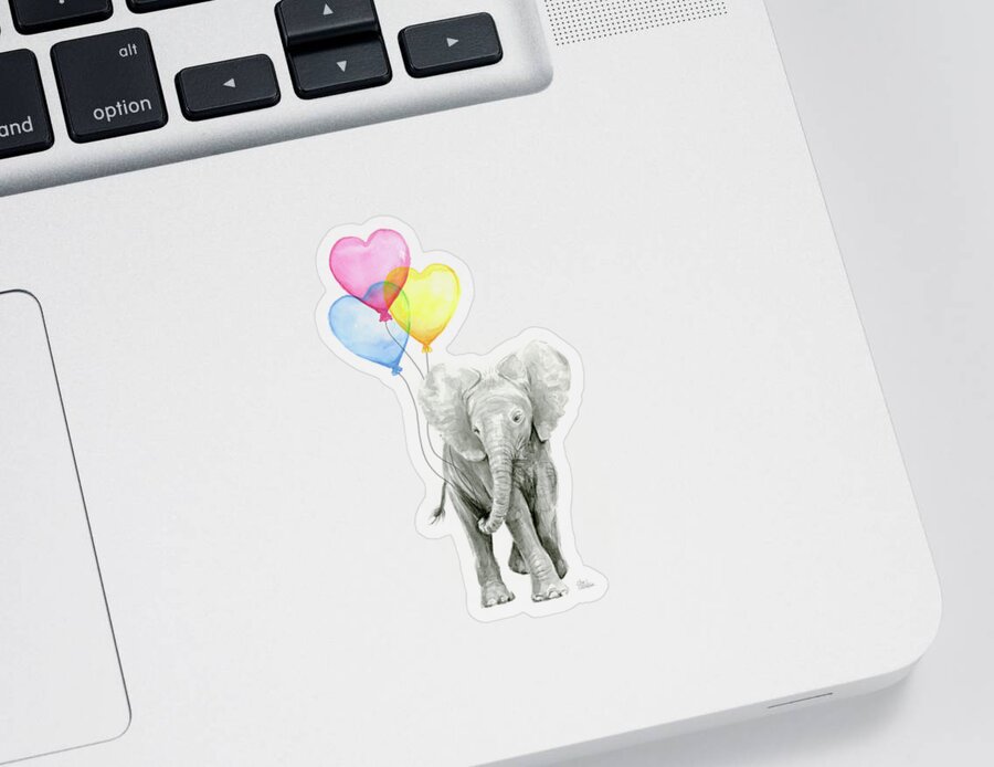 Elephant Sticker featuring the painting Watercolor Elephant with Heart Shaped Balloons by Olga Shvartsur