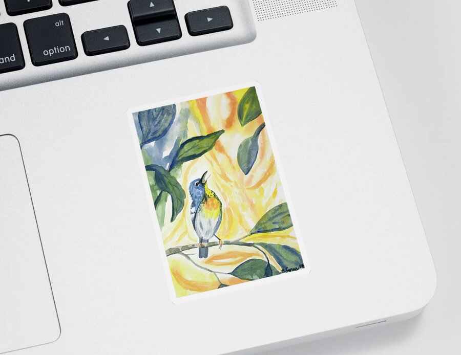 Northern Parula Sticker featuring the painting Watercolor - Northern Parula in Song by Cascade Colors