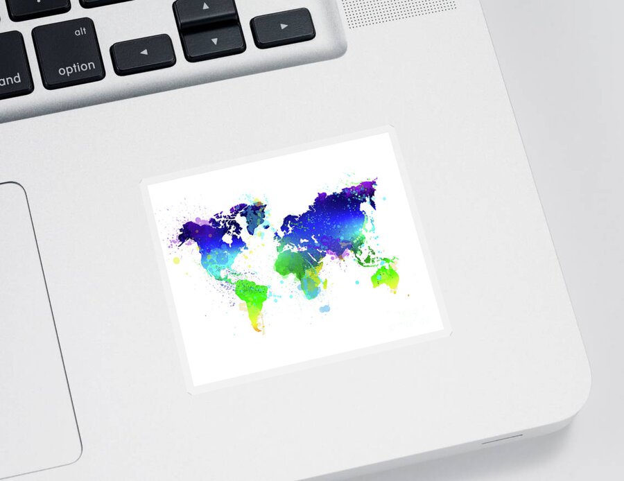 World Sticker featuring the painting Watercolor world map #1 by Delphimages Map Creations