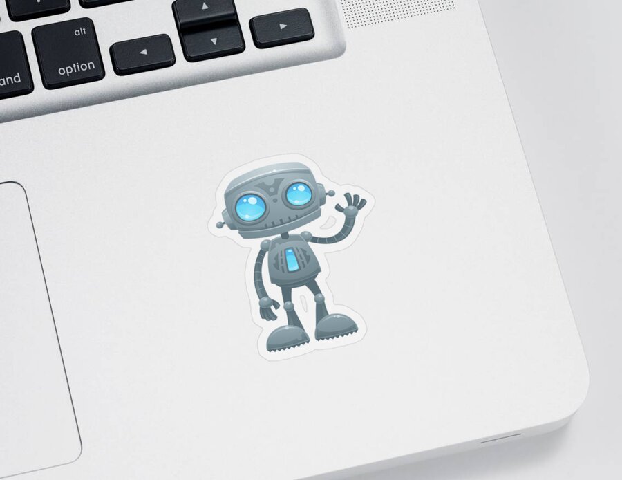 Robotandroiddroidfriendlycutewavewavingmachinefuturevectorcartoonillustrationhumorbluegrayhellosmilegreetingmascot Sticker featuring the digital art Waving Robot by John Schwegel