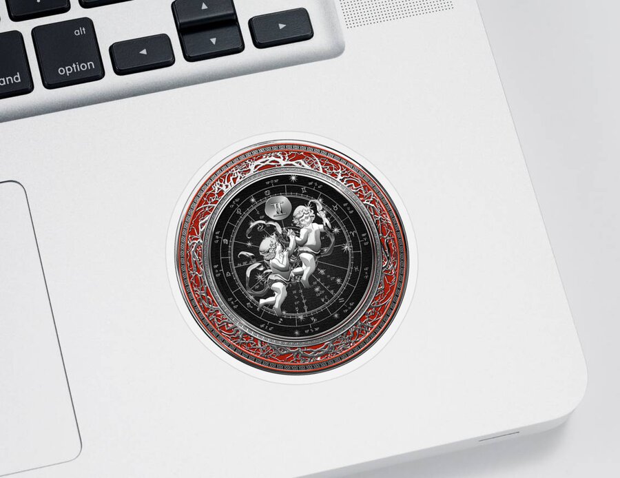 ‘zodiac’ Collection By Serge Averbukh Sticker featuring the digital art Western Zodiac - Silver Gemini - The Twins on Red Velvet by Serge Averbukh