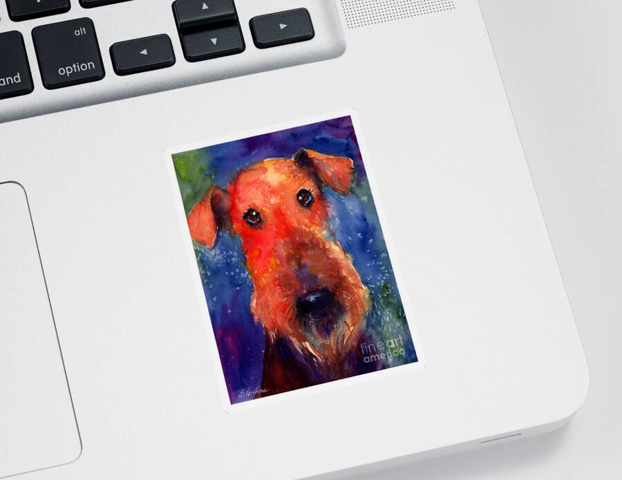Airedale Dog Painting Sticker featuring the painting Whimsical Airedale Dog painting by Svetlana Novikova