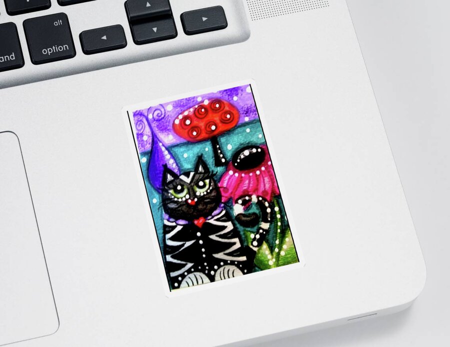 Kitty Sticker featuring the painting Whimsical Black White Kitty Cat by Monica Resinger