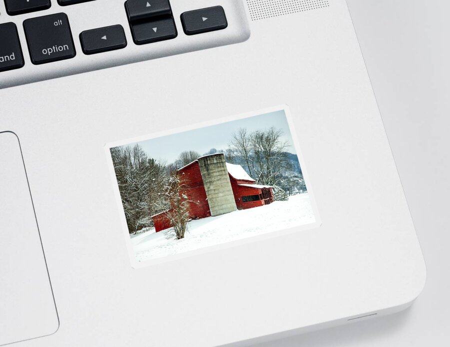 Winter Red Barns Sticker featuring the photograph WHISPERS of WINTER WONDER by Karen Wiles