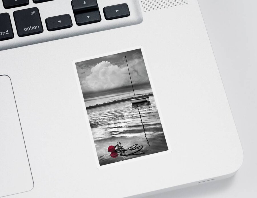 Boats Sticker featuring the photograph White Boat in Creative Black and White Silver Tones by Debra and Dave Vanderlaan