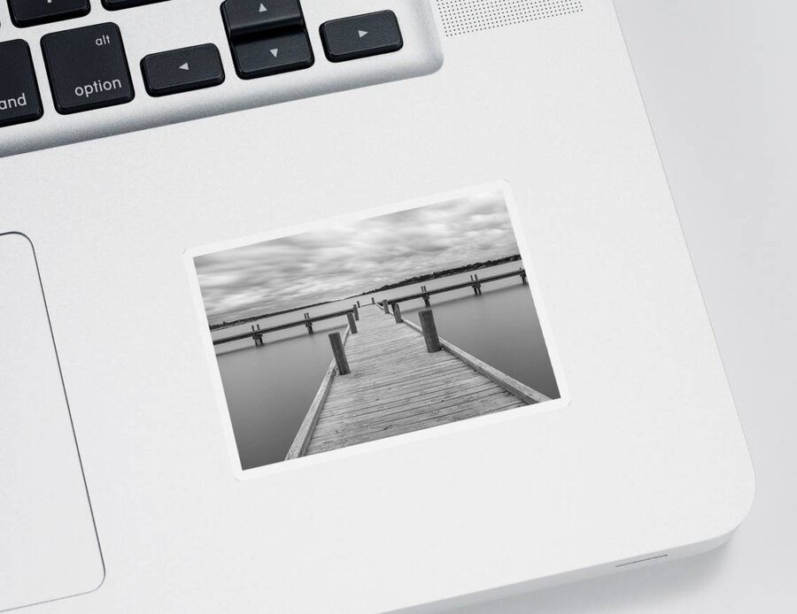 White Rock Sticker featuring the photograph White Rock Lake Pier Black and White by Robert Bellomy