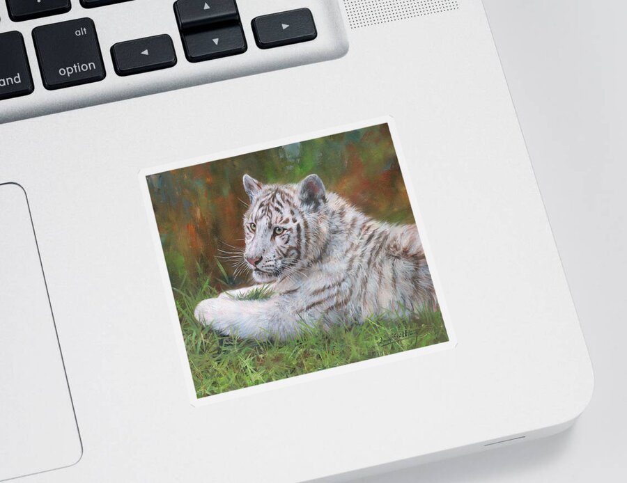 Tiger Sticker featuring the painting White Tiger Cub 2 by David Stribbling