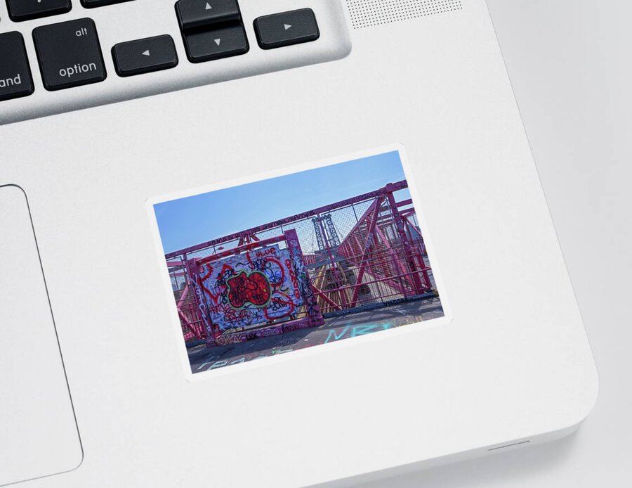 New York Sticker featuring the photograph Williamsburg bridge graffiti by Toby McGuire