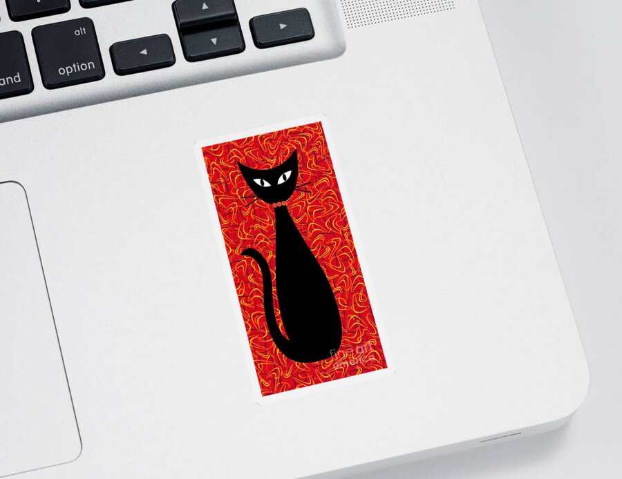 Mid Century Modern Sticker featuring the digital art Boomerang Cat in Red by Donna Mibus