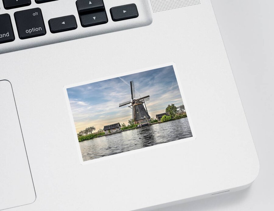 Kinderdijk Sticker featuring the photograph Windmill and Canal in Kinderdijk by Frans Blok