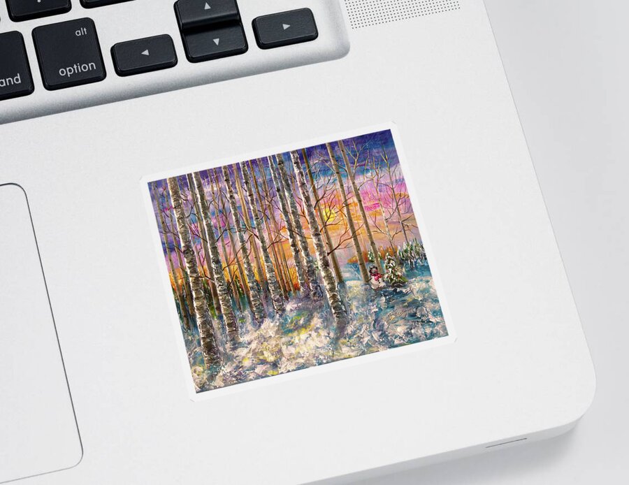 Impressionism Sticker featuring the digital art Dylan's Snowman - Winter Sunset Landscape Impressionistic Painting with palette knife by OLena Art