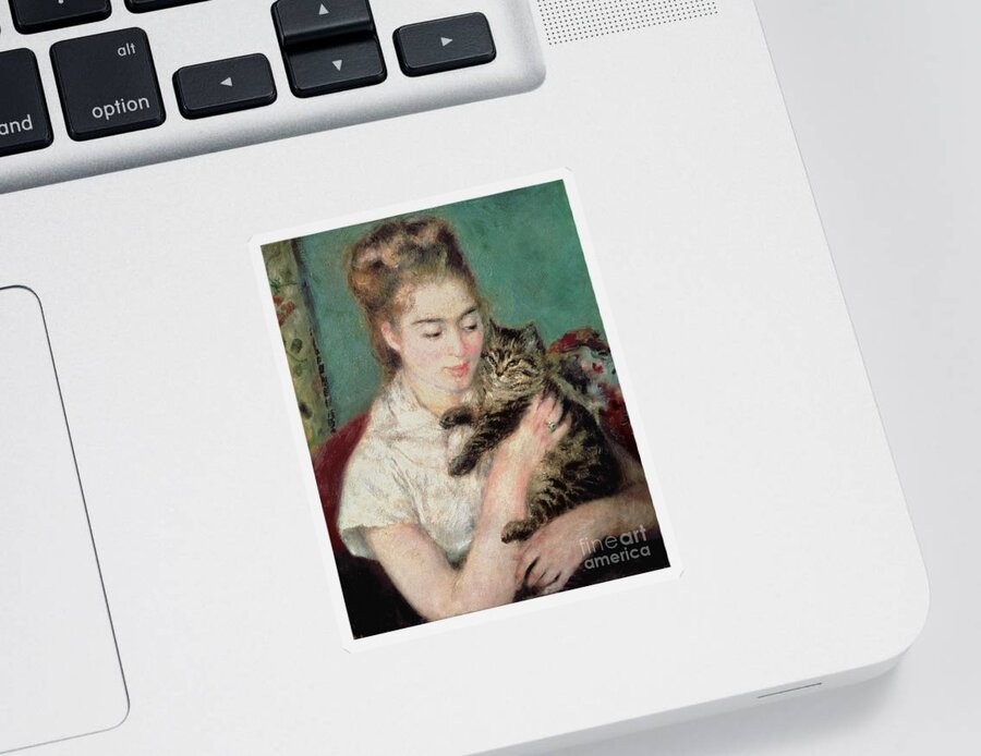 Woman With A Cat Sticker featuring the painting Woman with a Cat by Pierre Auguste Renoir