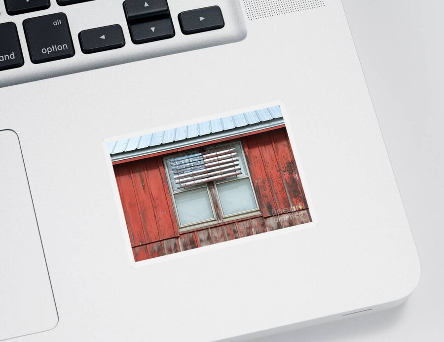 Flag Sticker featuring the photograph Wooden American Flag on Red Barn by Catherine Sherman