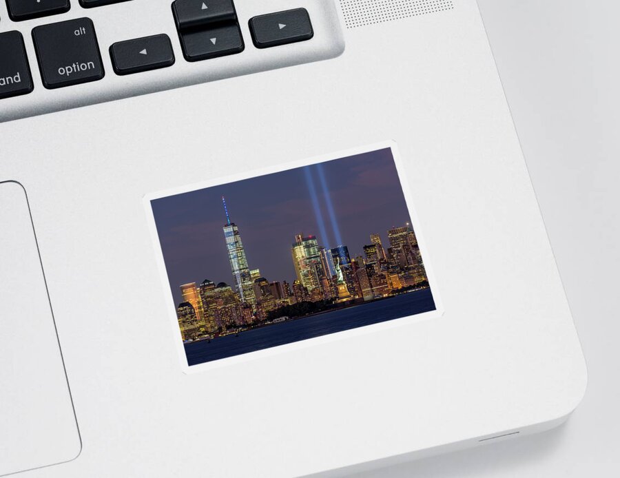 September 11 Sticker featuring the photograph World Trade Center WTC Tribute In Light Memorial by Susan Candelario
