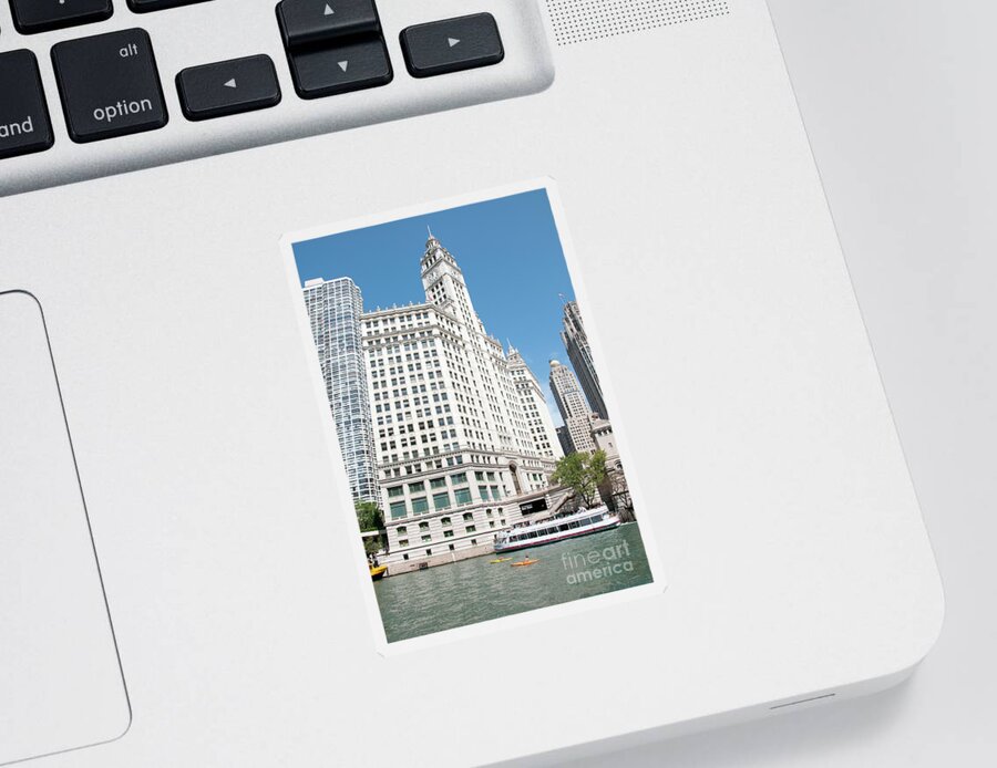 Boats Sticker featuring the photograph Wrigley Building Overlooking the Chicago River by David Levin