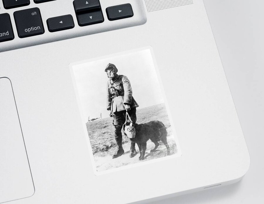 History Sticker featuring the photograph Wwi, French Soldier And Dog Wearing Gas by Science Source