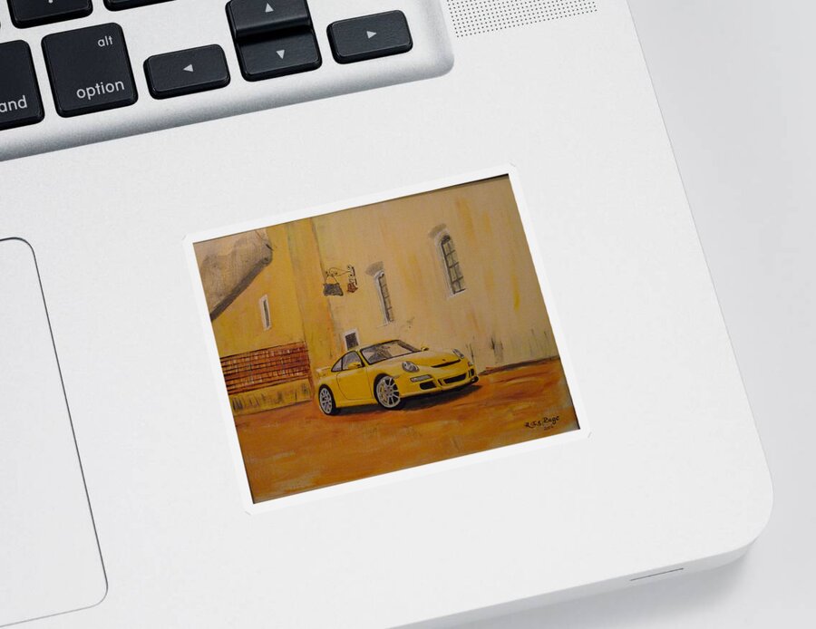 Car Sticker featuring the painting Yellow GT3 Porsche by Richard Le Page