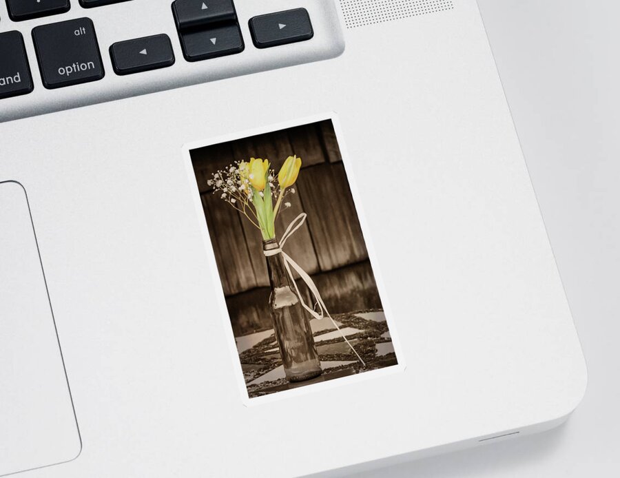 Terry D Photography Sticker featuring the photograph Yellow Tulips in Glass Bottle Sepia by Terry DeLuco