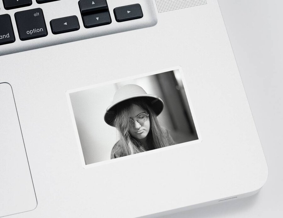 Pith Helmet Sticker featuring the photograph Young Woman with Long Hair, Wearing a Pith Helmet, 1972 by Jeremy Butler