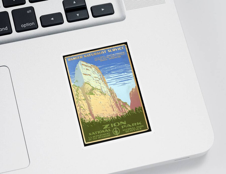Zion Sticker featuring the mixed media Zion National Park, United States - Ranger Naturalist Service - Retro travel Poster - Vintage Poster by Studio Grafiikka