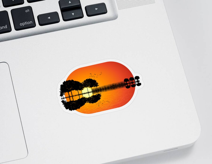 Abstract Sticker featuring the digital art Guitar Island Sunset by PsychoShadow ART
