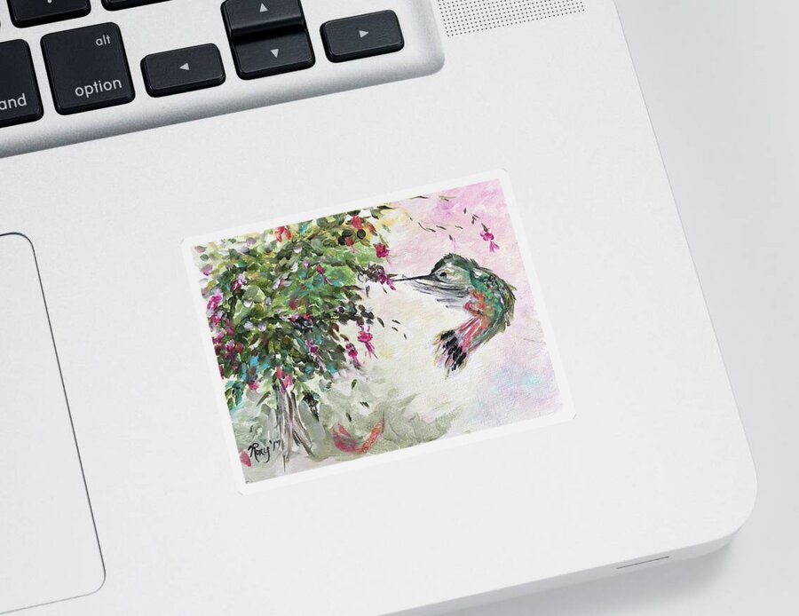 Hummingbird Sticker featuring the painting Hummingbird with Fuchsias by Roxy Rich