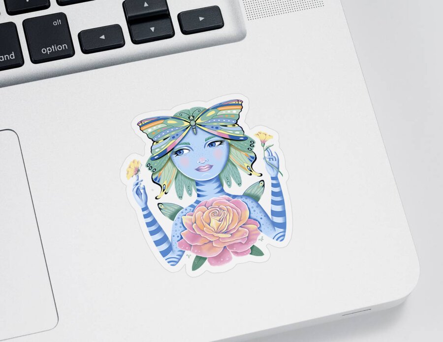 Fantasy Sticker featuring the digital art Insect Girl, Winga, with Rose by Valerie White