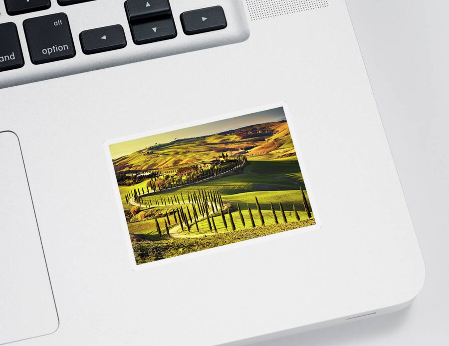 Tuscany Sticker featuring the photograph Tuscany, Crete Senesi rural sunset landscape. Countryside farm, #1 by Stefano Orazzini
