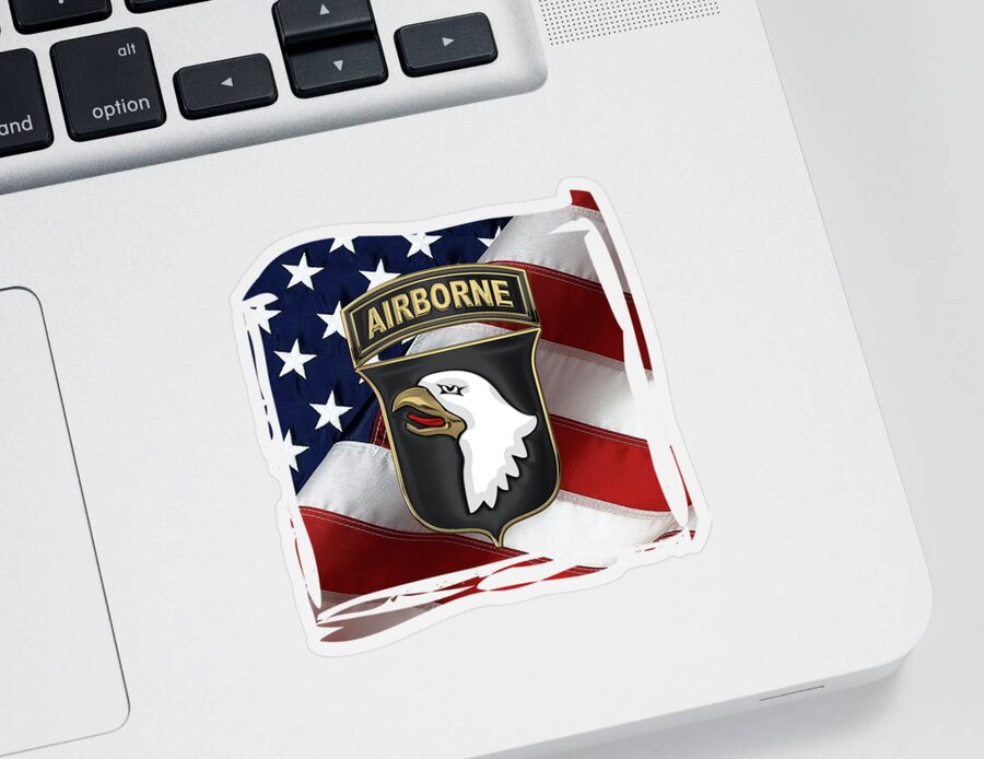 Military Insignia & Heraldry By Serge Averbukh Sticker featuring the digital art 101st Airborne Division - 101st A B N Insignia over American Flag by Serge Averbukh