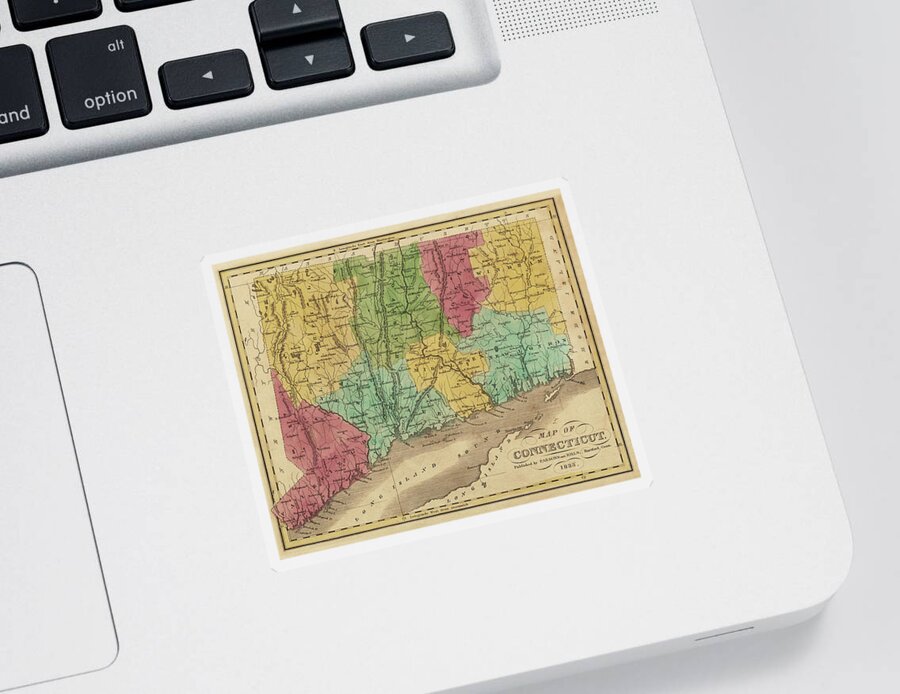 Connecticut Sticker featuring the digital art 1835 Map of Connecticut and Long Island Sound Historical Map by Toby McGuire