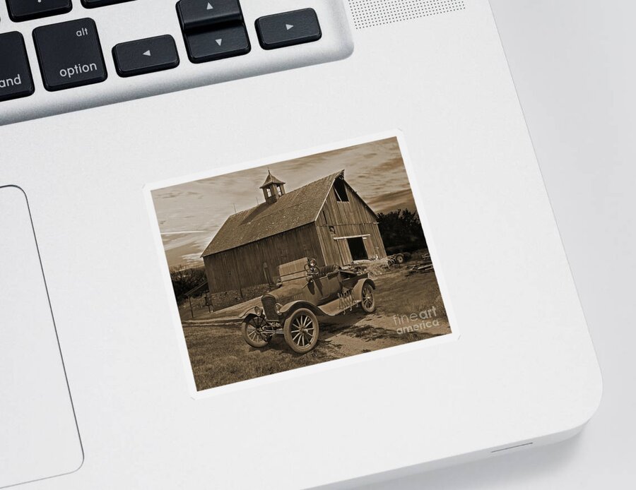 1917 Sticker featuring the photograph 1917 Model T Ford, Iowa Barn by Ron Long