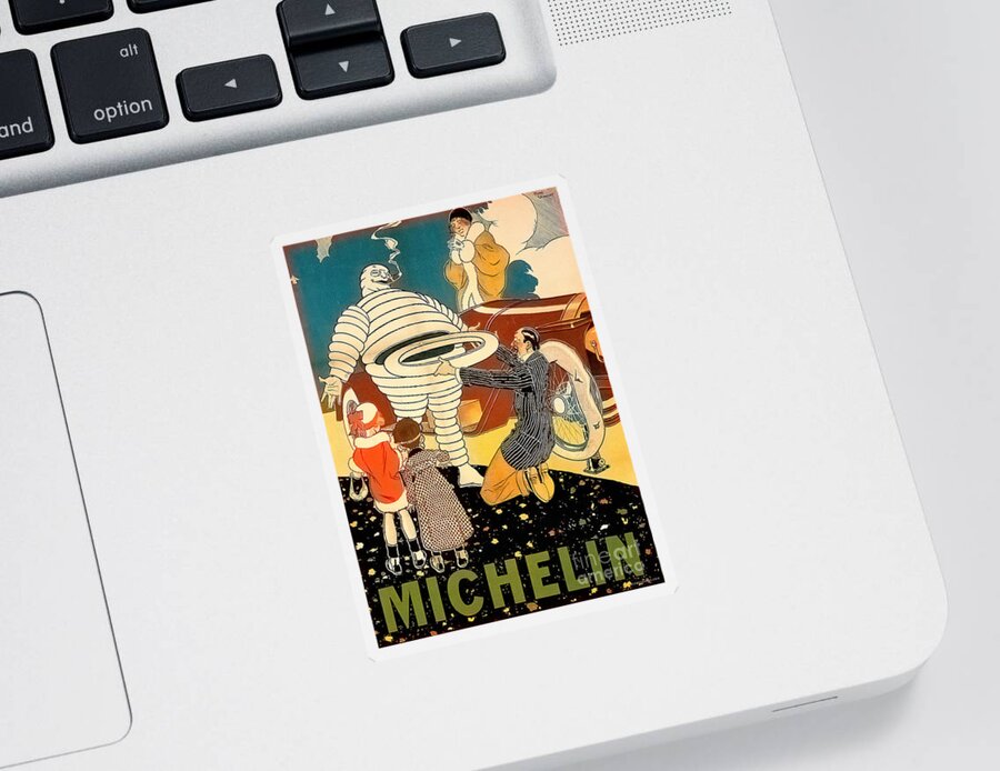 Vintage Sticker featuring the mixed media 1920s Michelin Bibendum Tire Man With Car And Children by Retrographs