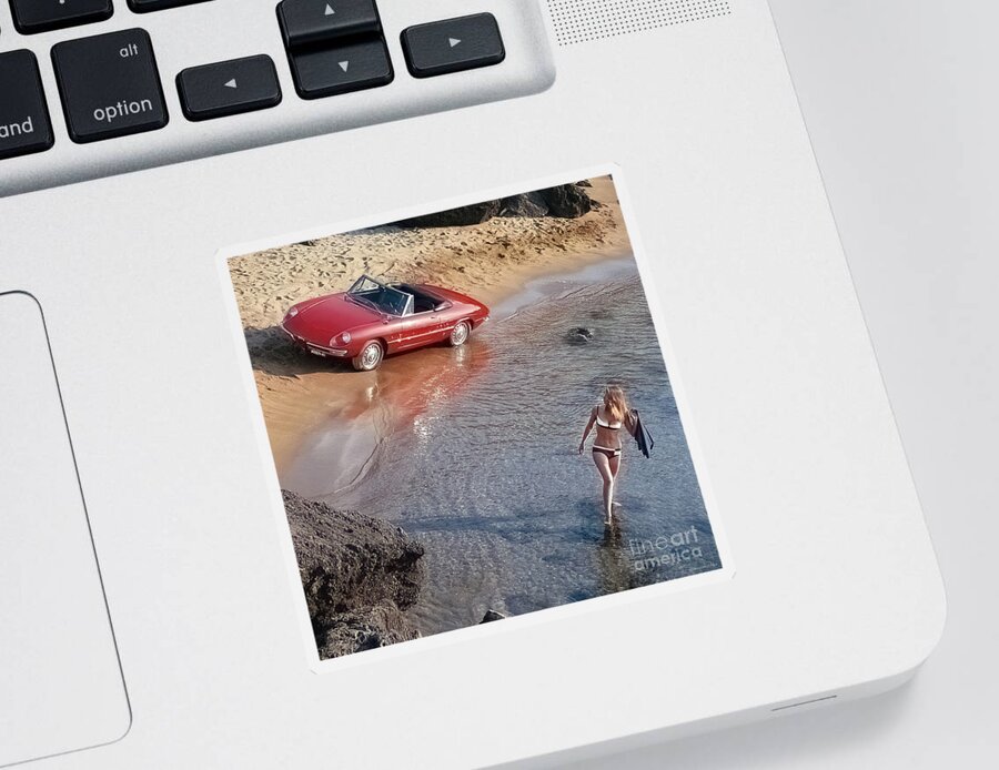 Vintage Sticker featuring the photograph 1980s Alfa Romeo Convertible With Woman On The Beach by Retrographs