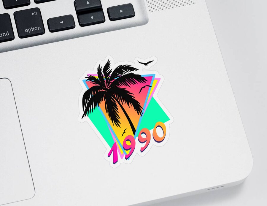 This Cool Design Features Classic Vintage 80s Style Summer Sunset Pop Art Inspired By Retro Vhs Tapes Of Famous Tv Shows And Movie Posters. A Palm Tree By The Ocean And Seagulls In Front Of The Glow Of The Sun. This Colorful Print In Yellow Sticker featuring the digital art 1990 Cool Tropical Sunset by Megan Miller