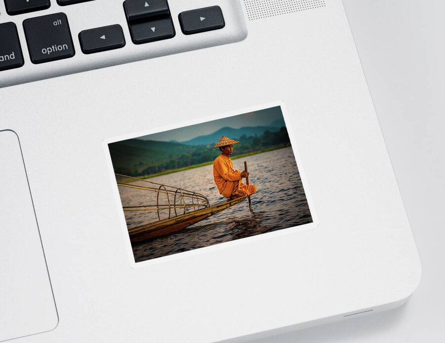 Fisherman Sticker featuring the photograph A Fisherman Of Inle Lake by Chris Lord