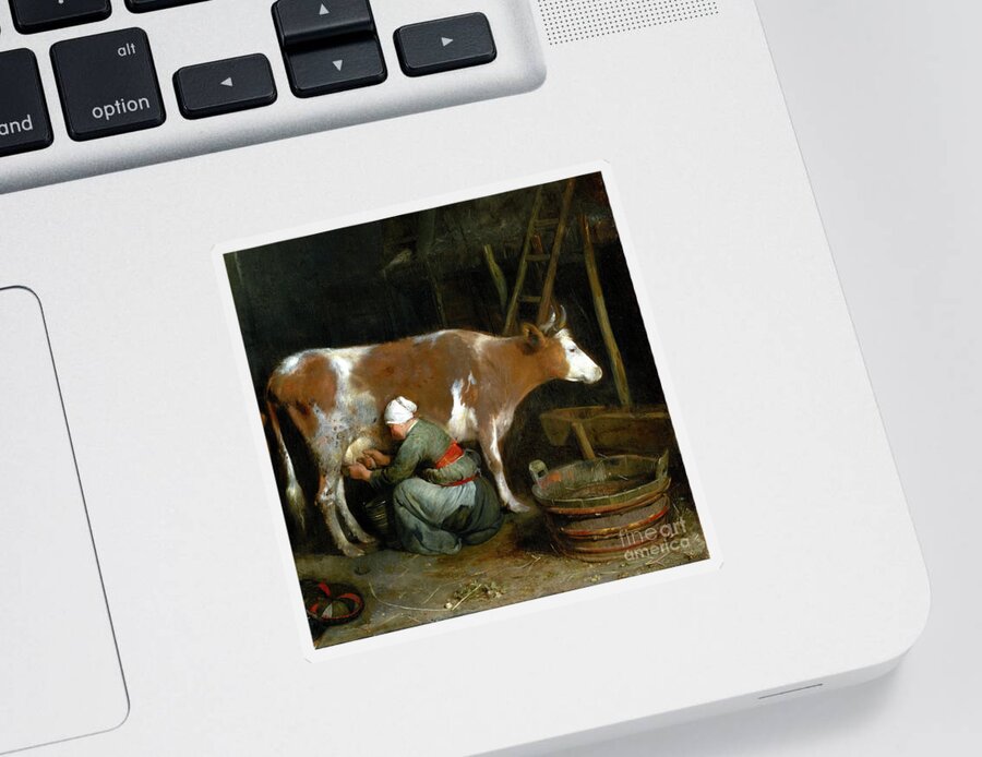 Gerard Ter Borch Sticker featuring the painting A Maid Milking a Cow in a Barn by Audrey Jeanne Roberts